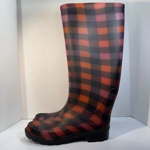 Tall Plaid Rain Boots Multicolor Red Black Pink Plaid Made In USA Women's Size 8